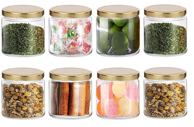 VISMII Glass Jars Transparent Round Shape Golden Lid Air Tight Kitchen Organizer Salsa Jar Storage container for Cakes Jam Pickle Tea Coffee Chutney 200 ml Pack of 12 - Image 3