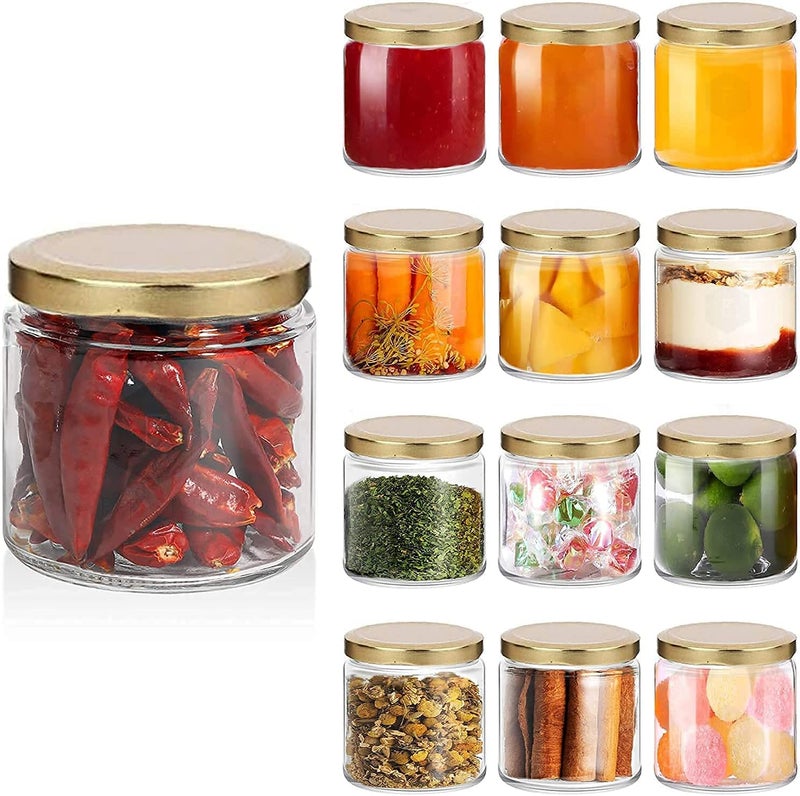 VISMII Glass Jars Transparent Round Shape Golden Lid Air Tight Kitchen Organizer Salsa Jar Storage container for Cakes Jam Pickle Tea Coffee Chutney 200 ml Pack of 12 - Image 1