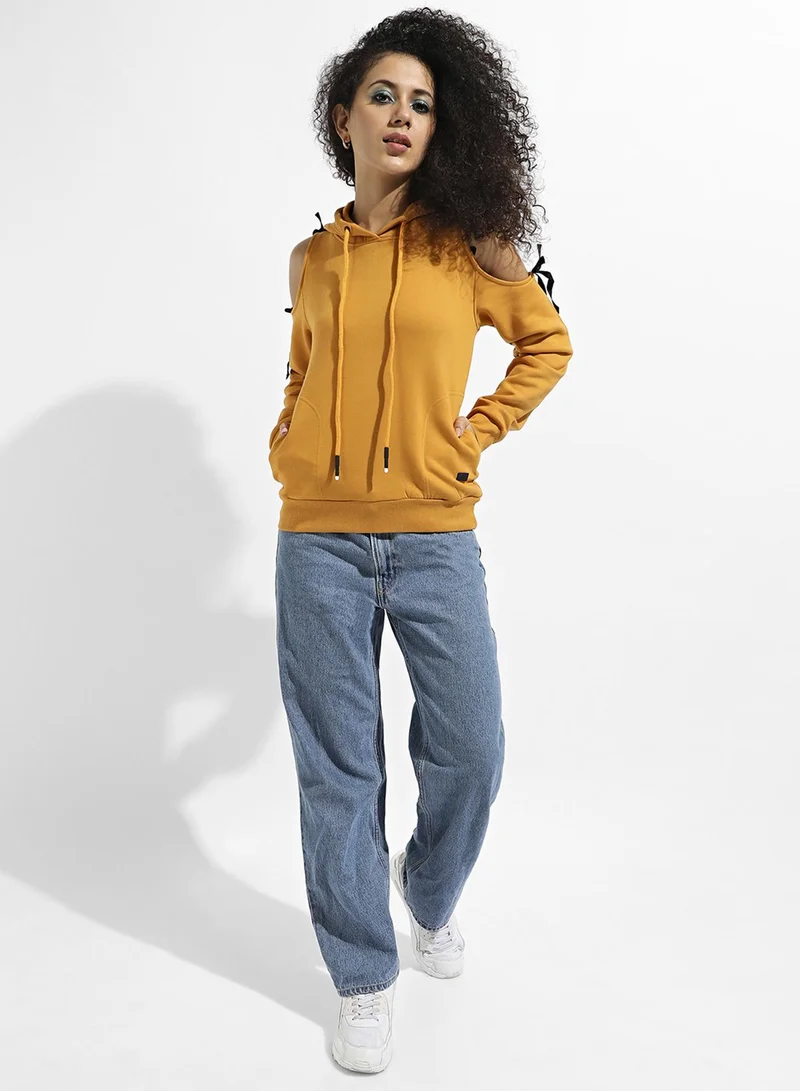 Campus Sutra Women's Yellow Pullover Sweatshirt With Cold Shoulder Sleeve For Casual Wear | Hood Neck | Long Sleeve | Pull On Closure | Cotton Sweatshirt Crafted With Comfort Fit For Everyday Wear