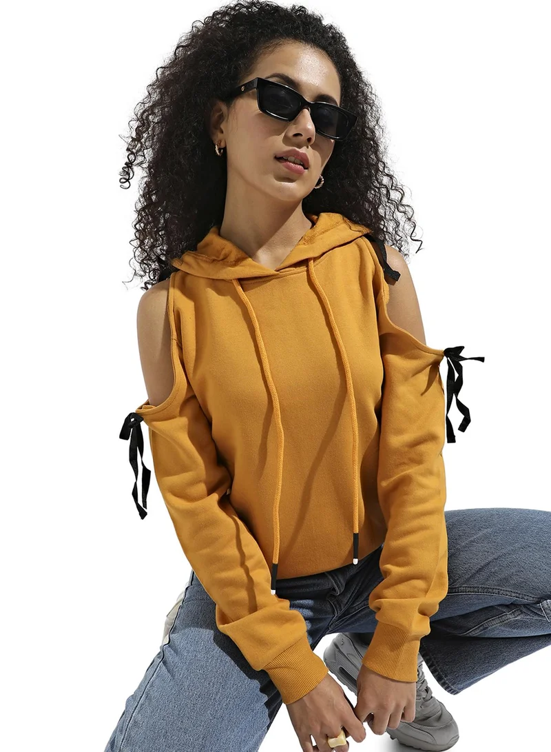 Campus Sutra Women's Yellow Pullover Sweatshirt With Cold Shoulder Sleeve For Casual Wear | Hood Neck | Long Sleeve | Pull On Closure | Cotton Sweatshirt Crafted With Comfort Fit For Everyday Wear
