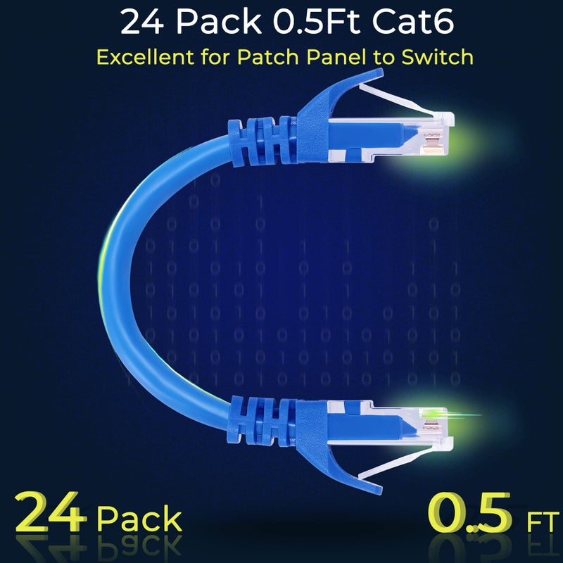 Rapink Patch Cables Cat6 0.5ft (24 Pack), Ethernet Patch Cable 10G, Cat 6 Patch Cable for Patch Panel to Switch, Flexiable Cat 6 Ethernet Cable with Gold Plated Blue - Image 2