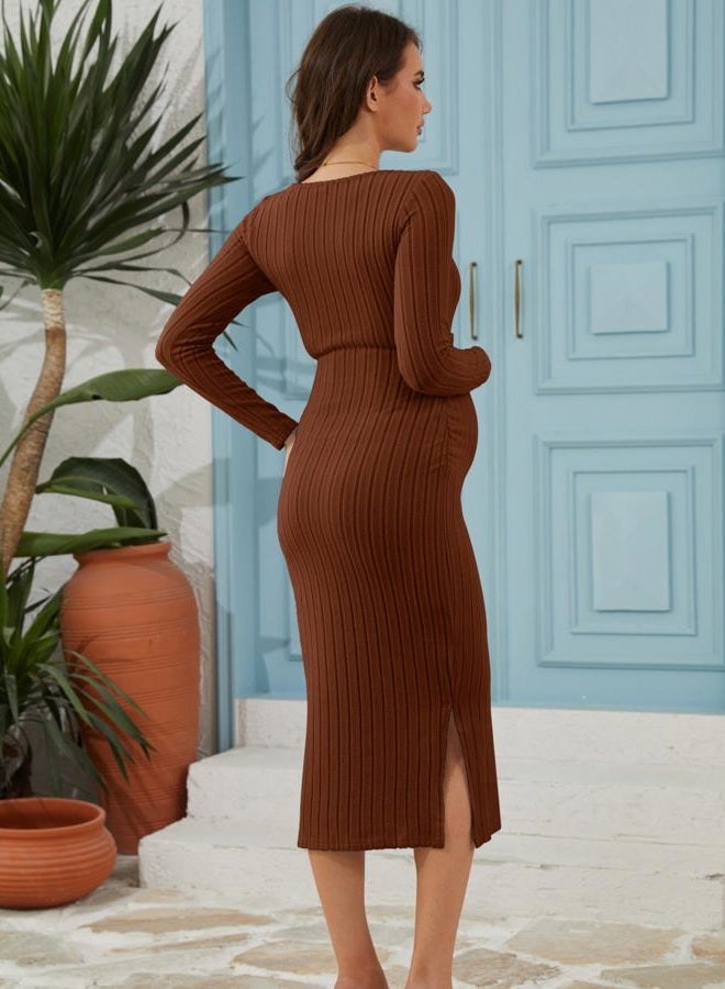 guruixu Crewneck Maternity Sweater Dress Rib Knit Long Sleeve Dresses Slit Pregnancy Sweater Clothes with Belt, Coffee, M - Image 5
