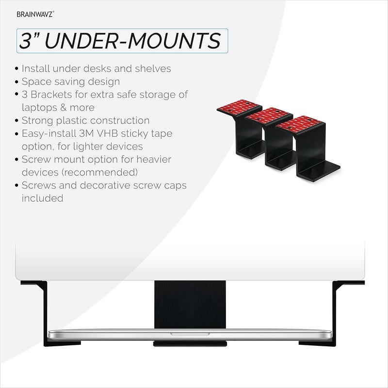 Brainwavz 3 Under Desk Laptop Device Holder Mount Adhesive Screw in Devices Upto 3 Small Computers Laptops MacBook Surface Keyboard Routers Modems Cable Box Network Switch More Black - Image 3