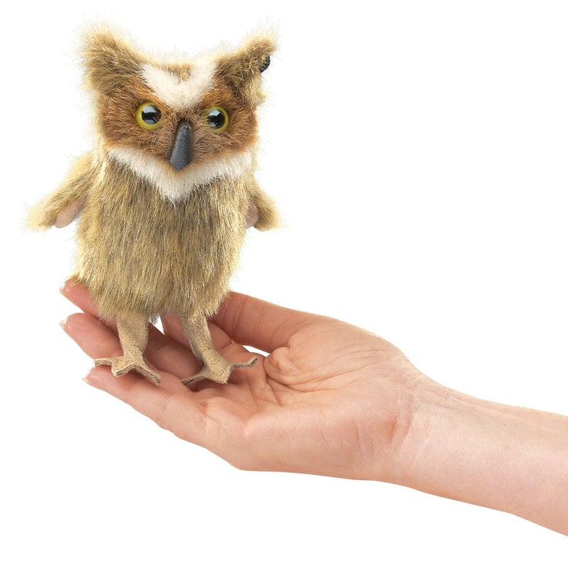 Folkmanis Mini Great Horned Owl Finger Puppet, Brown, White, Black - Image 1