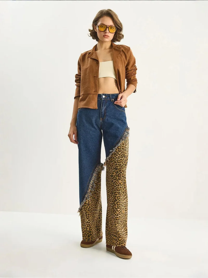 Bianco Lucci LUCCI High Waist Leopard Print Wide Leg Denim Pants