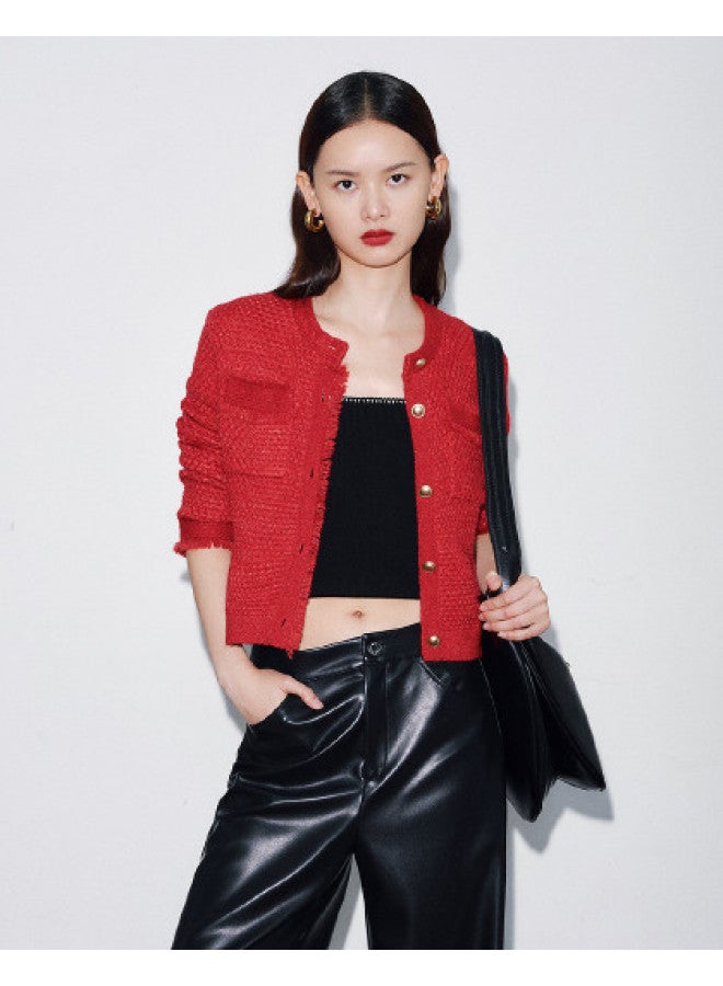 Waxbird Chanel-style Red Wool Blend Knitwear 25 Spring Year Fashionable And Beautiful Cardigan - Image 1