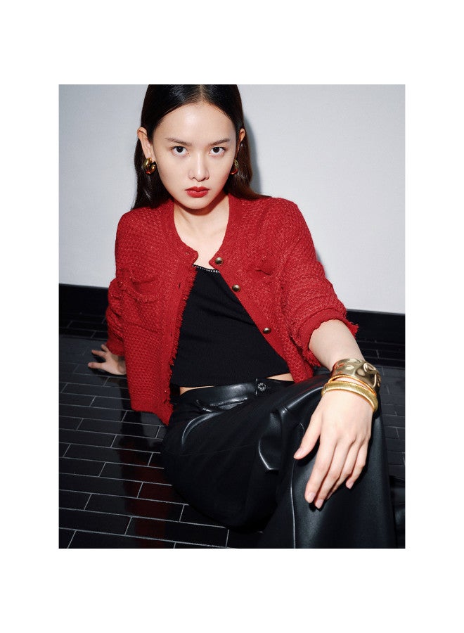 Waxbird Chanel-style Red Wool Blend Knitwear 25 Spring Year Fashionable And Beautiful Cardigan - Image 5