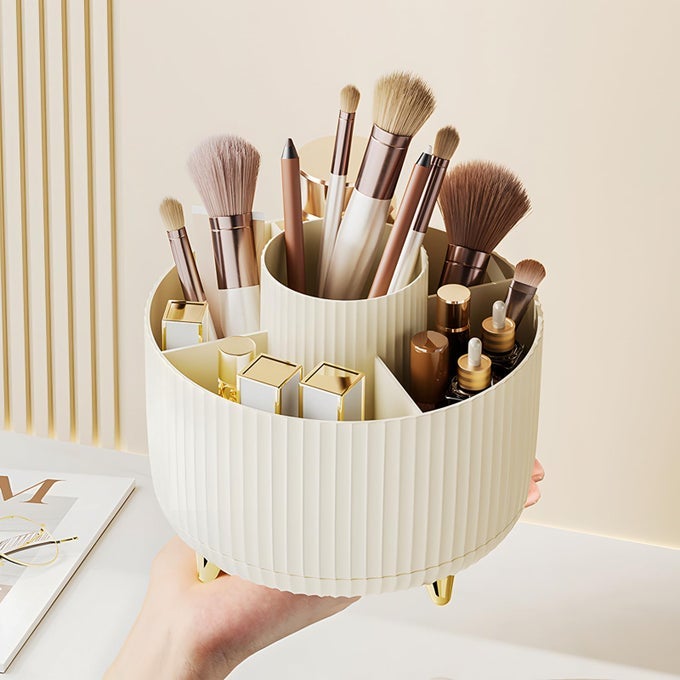 MAKEUP BRUSH HOLDER ORGANIZER360 ROTATING MAKEUP BRUSH ORGANIZER5 SLOT MAKE UP BRUSHES CUP FOR COSMETICS NAIL POLISH ART SUPPLY BATHROOM VANITY DESKTOP ORGANIZER CREAM