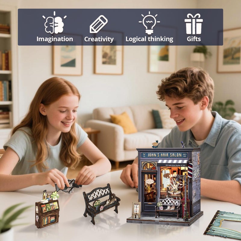 Cutefun Book Nook Kit - DIY Miniature Dollhouse Kit for Adults and Teens, Retro Barbershop Mini House Building Kit with LED Bookshelf Insert Decor Creative Gifts (John's Hair Salon) - Image 4