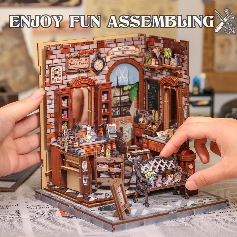 Cutefun Book Nook Kit - DIY Miniature Dollhouse Kit for Adults and Teens, Retro Barbershop Mini House Building Kit with LED Bookshelf Insert Decor Creative Gifts (John's Hair Salon) - Image 5