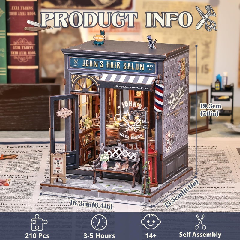 Cutefun Book Nook Kit - DIY Miniature Dollhouse Kit for Adults and Teens, Retro Barbershop Mini House Building Kit with LED Bookshelf Insert Decor Creative Gifts (John's Hair Salon) - Image 3