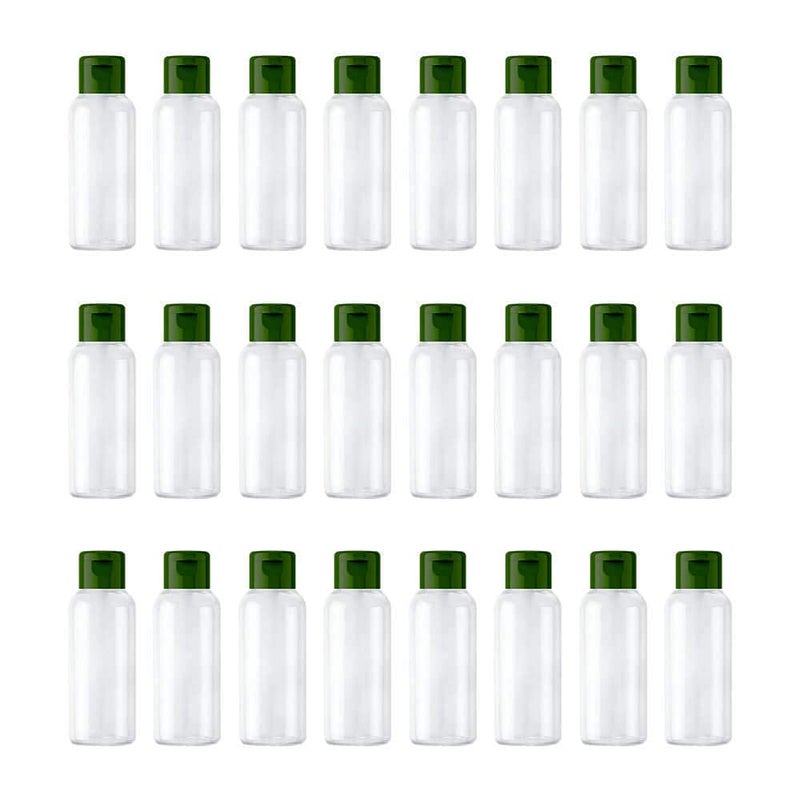 Harrods هارودز 24 قطعة زجاجات بلاستيكية شفافة فارغة سعة 50 مل قابلة لإعادة التعبئة بحجم السفر حاويات تجميل صغيرة مقاومة للتسرب زجاجات ضغط مع غطاء علوي أخضر لمنتجات العناية الشخصية، الشامبو - Image 1