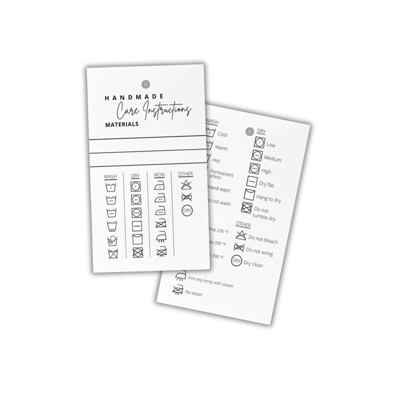 Lashicorn Handmade Material Care Instruction Cards 30 Pack 2 x 35 inches Tags Handmade Care Cards Material Care Instructions for Homemade Materials White and Black Design