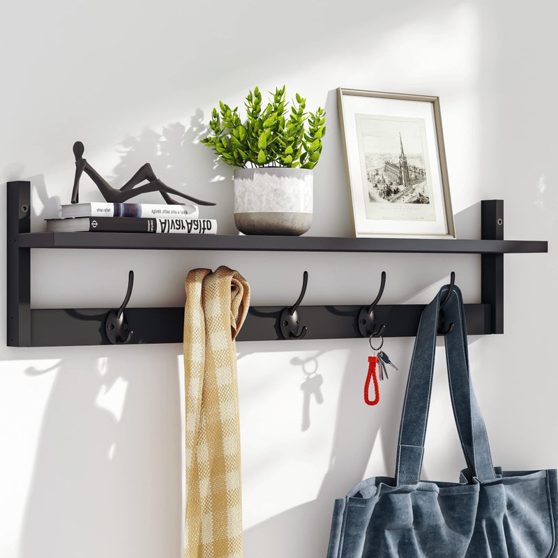 BAMEOS WallMounted Shelf with Hooks  289 Inch Entryway Hanging Shelf with 5 Dual Hooks for Bathroom Living Room Bedroom Black