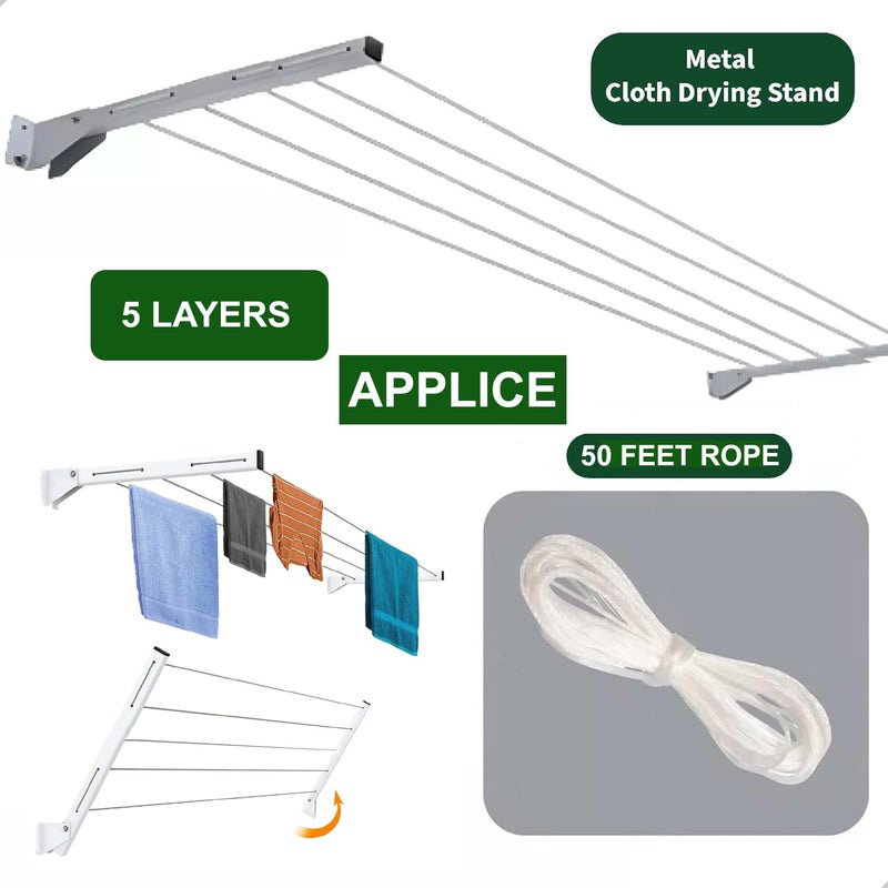 APPLICE Foldable Clothes Drying Stand 5 Layers Wall Mounted Clothesline with 50 Feet Rope for Laundry Cloth Drying Purpose Both Indoor and Outdoor - Image 4