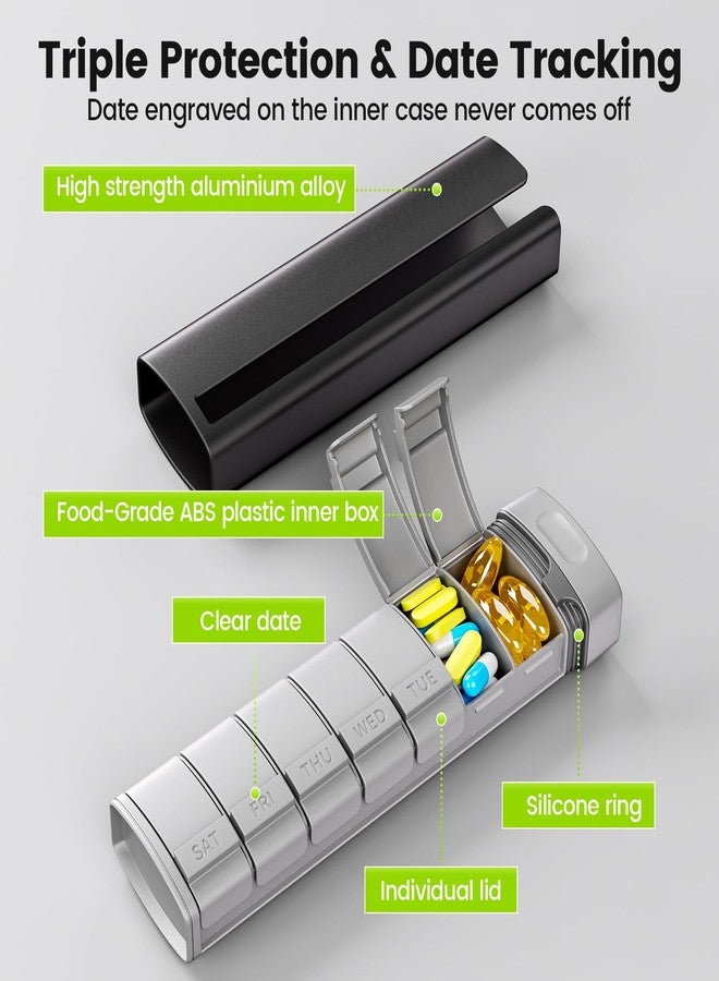 Daviky Travel Pill Organizer - Premium Aluminum 7 Day Weekly Pill Organizer, Daily Pill Case Spill Prevention, Stylish Pill Holder 7 Day Capacity for Medicine, Supplements and Vitamins (Black) - Image 5