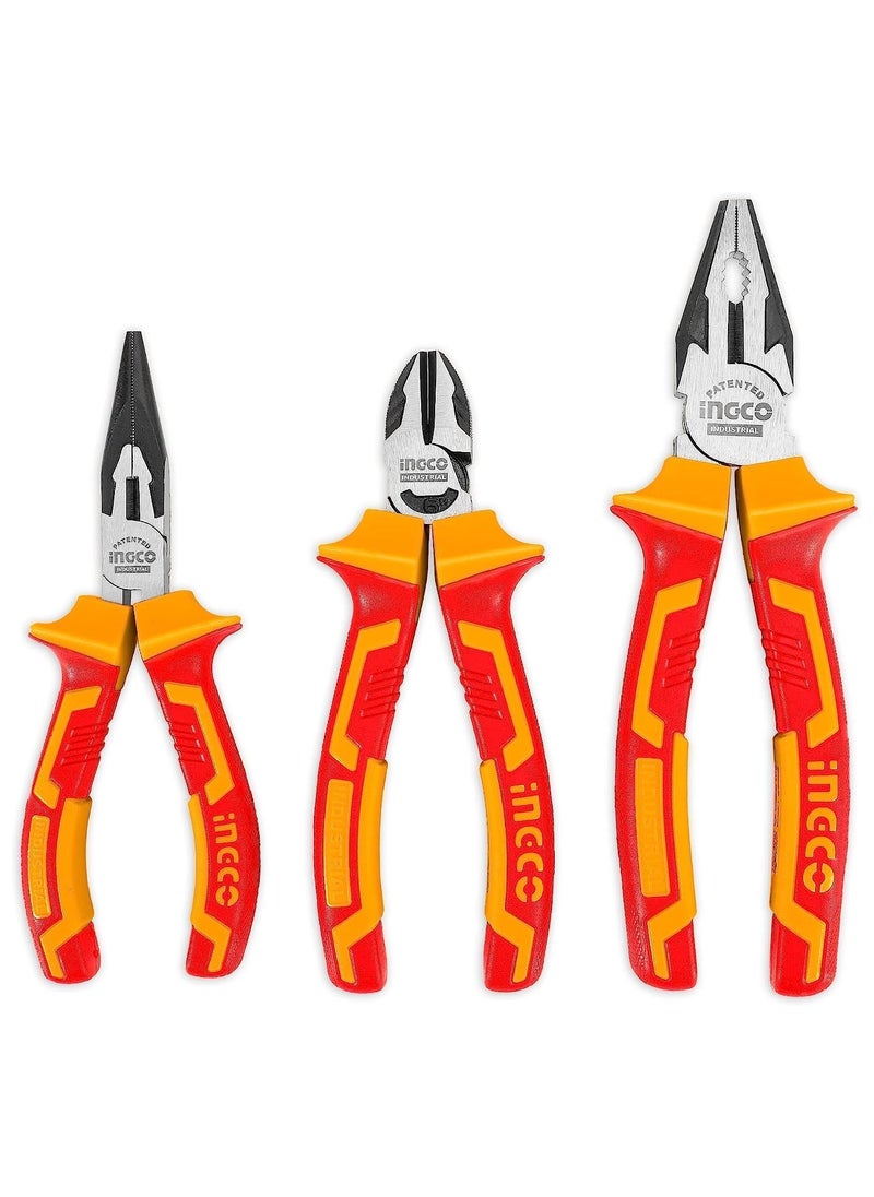 INGCO 3-Piece Insulated Pliers Set CRV Material Up to 1000V Black Finish & Polish, Essential Tool Set for Electrical Work Packaged on a PP Hanger Red  - Image 1