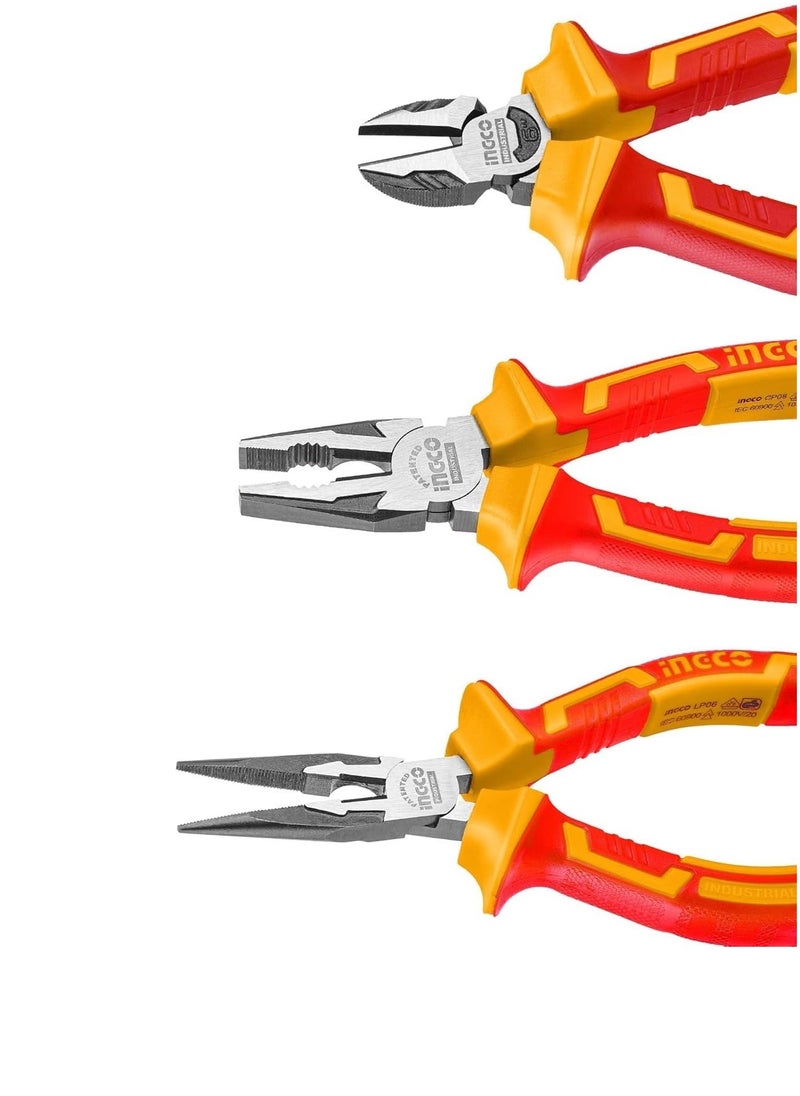 INGCO 3-Piece Insulated Pliers Set CRV Material Up to 1000V Black Finish & Polish, Essential Tool Set for Electrical Work Packaged on a PP Hanger Red  - Image 2