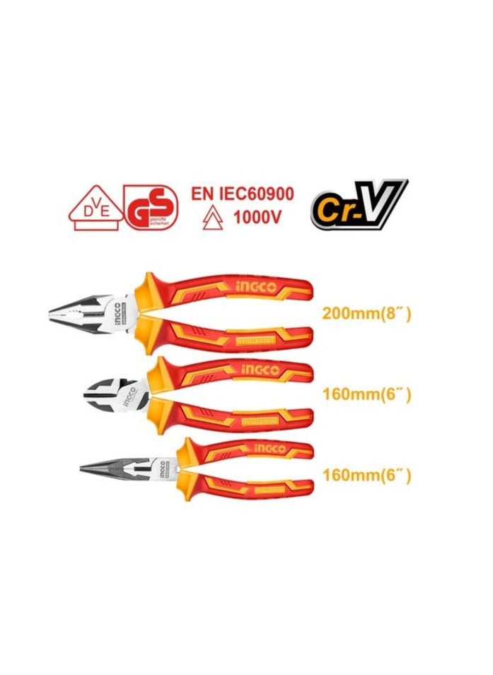 INGCO 3-Piece Insulated Pliers Set CRV Material Up to 1000V Black Finish & Polish, Essential Tool Set for Electrical Work Packaged on a PP Hanger Red  - Image 3