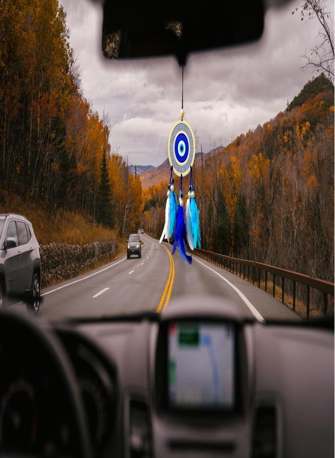 Jiyu Creation Designed Evil Eye Blue White Car Hanging | Nazar Battu Charm | Spiritual Protection Decor for Car & Home| Mandala Design (White Round) - Image 1