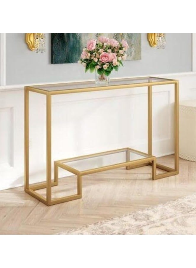 LINGWEI Metal Console Table with Clear Glass Surface and Shelf Gold 120x80x40cm - Image 1