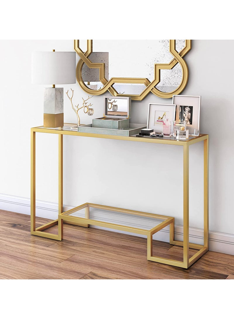 LINGWEI Metal Console Table with Clear Glass Surface and Shelf Gold 120x80x40cm - Image 2