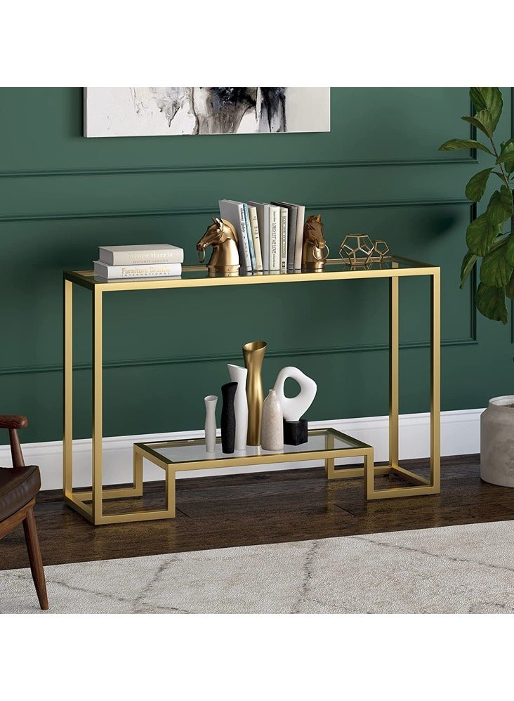 LINGWEI Metal Console Table with Clear Glass Surface and Shelf Gold 120x80x40cm - Image 4