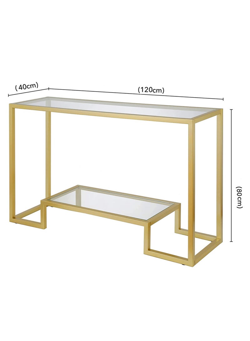 LINGWEI Metal Console Table with Clear Glass Surface and Shelf Gold 120x80x40cm - Image 5