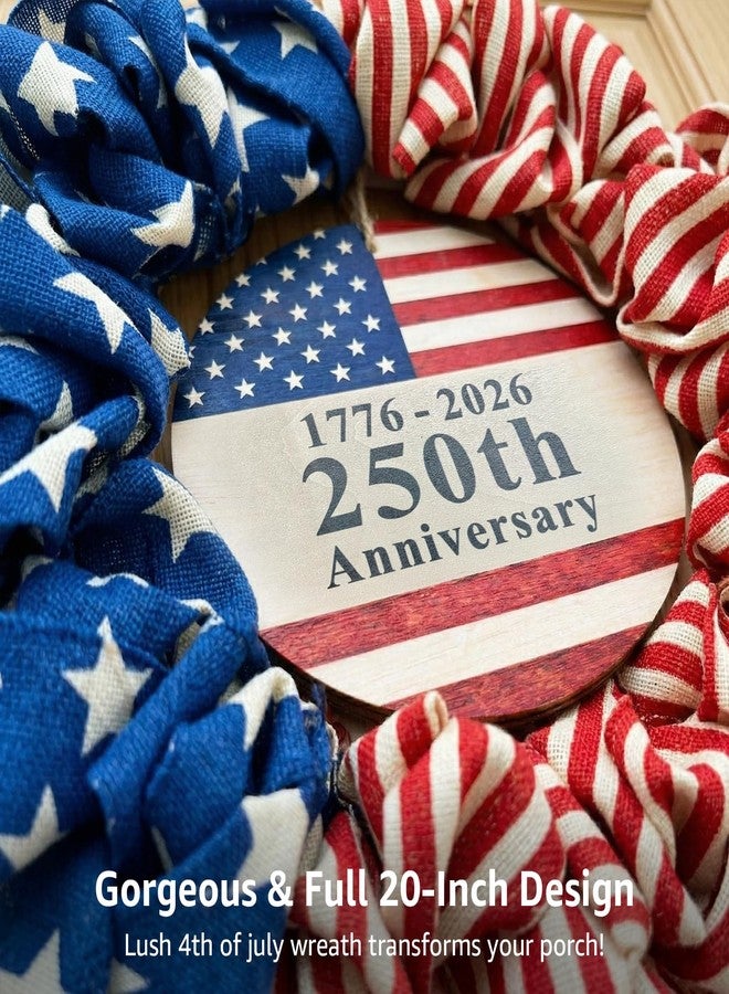NUTIKAS 4th of July Wreath for Front Door - 20 inch Memorial Day Patriotic Decorations Outdoor, Red White and Blue 1776-2026 USA 250th Anniversary Burlap American Flag Door Wreaths - Image 3