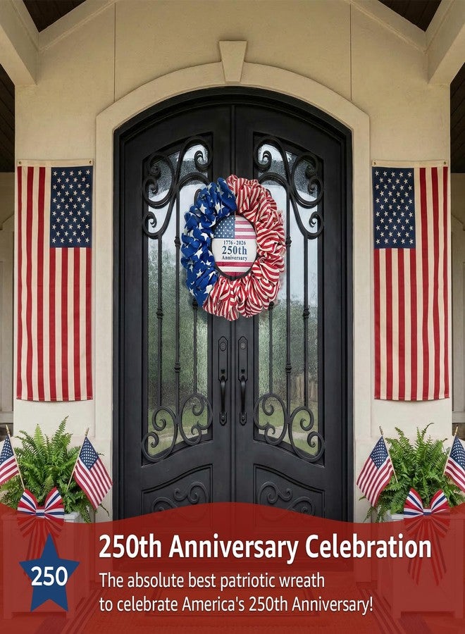 NUTIKAS 4th of July Wreath for Front Door - 20 inch Memorial Day Patriotic Decorations Outdoor, Red White and Blue 1776-2026 USA 250th Anniversary Burlap American Flag Door Wreaths - Image 2