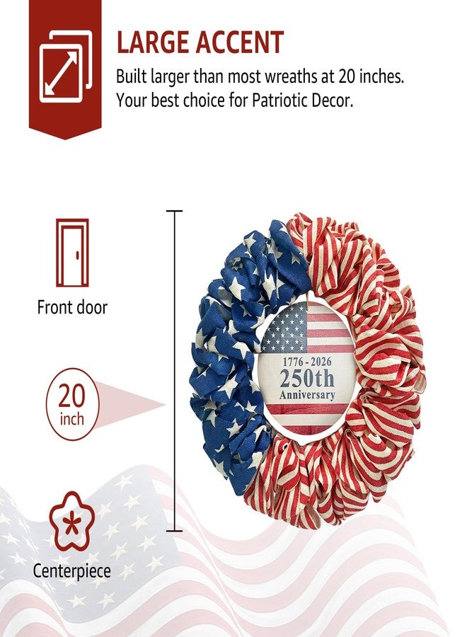 NUTIKAS 4th of July Wreath for Front Door - 20 inch Memorial Day Patriotic Decorations Outdoor, Red White and Blue 1776-2026 USA 250th Anniversary Burlap American Flag Door Wreaths - Image 4