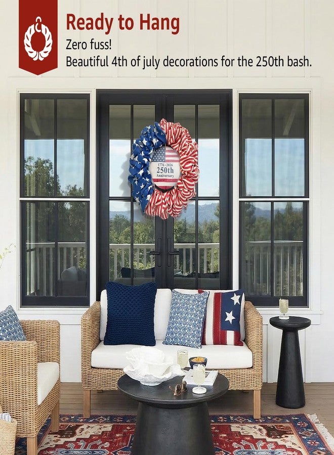 NUTIKAS 4th of July Wreath for Front Door - 20 inch Memorial Day Patriotic Decorations Outdoor, Red White and Blue 1776-2026 USA 250th Anniversary Burlap American Flag Door Wreaths - Image 5