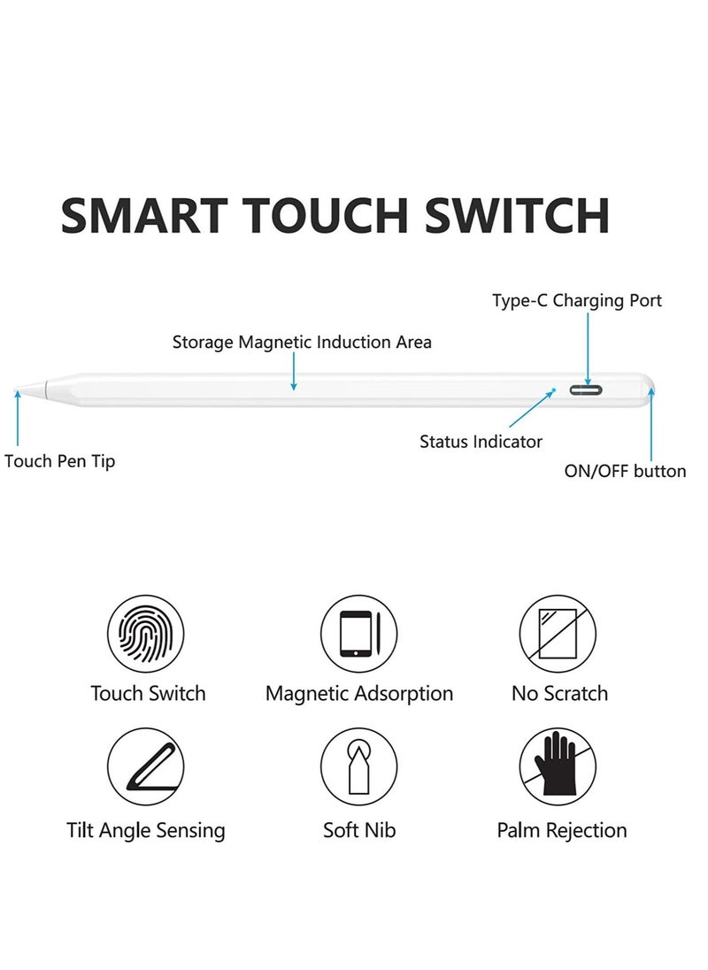 "Stylus Pen for iPad (2018-2022) - Compatible with iPad 10/9/8/7/6, Mini 6/5, Air 5/4/3, Pro 11''/12.9'' - Capacitive Pen with 4 Replacement Tips and Palm Rejection (White)"