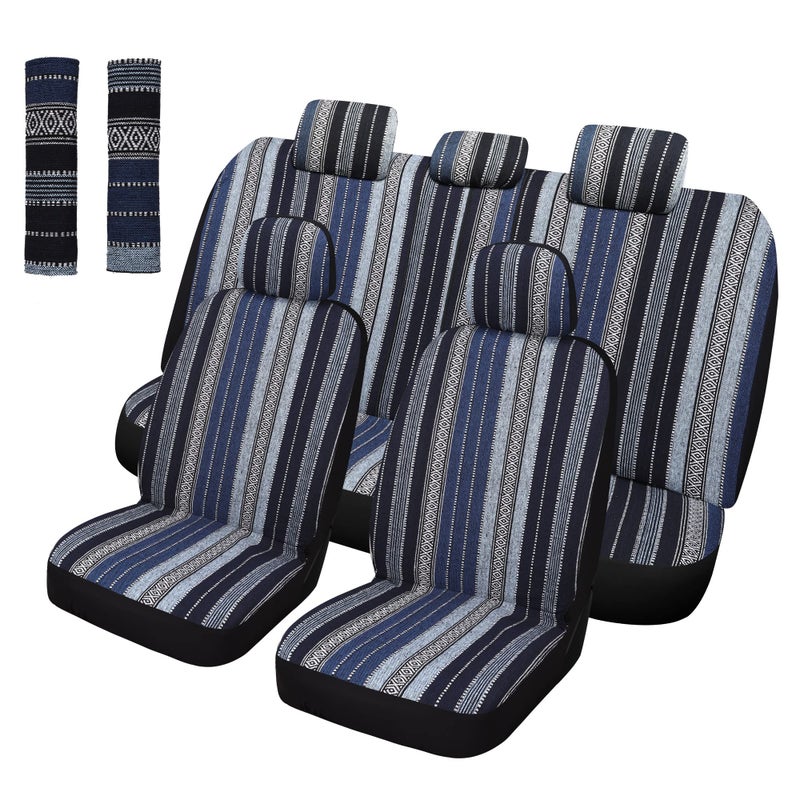Pariitadin Baja Saddle Blanket Car Seat Covers Full Set with Seat Belt Pads Washable Breathable Striped Woven Cloth Seat Covers for Cars Interior Universal Fit Most Cars Airbag Compatible Blue