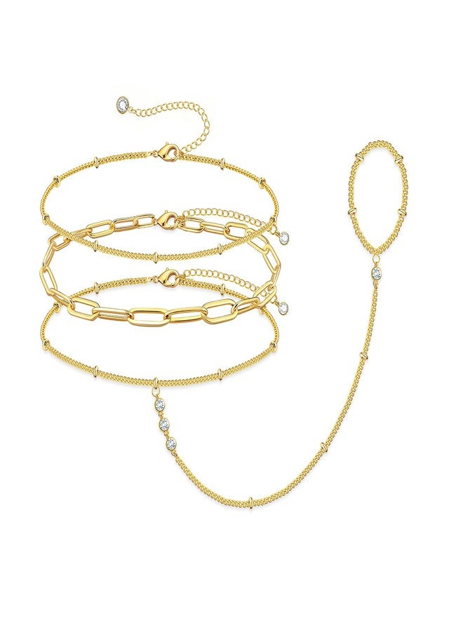 My Queen Gold Bracelets for Women 14K Gold Plated Dainty Stackable Hand Chain Bracelet Trendy Ring Chain Bangle Cuff Bracelets Adjustable Body Jewelry Set Gifts, Small, Brass, Cubic Zirconia - Image 1