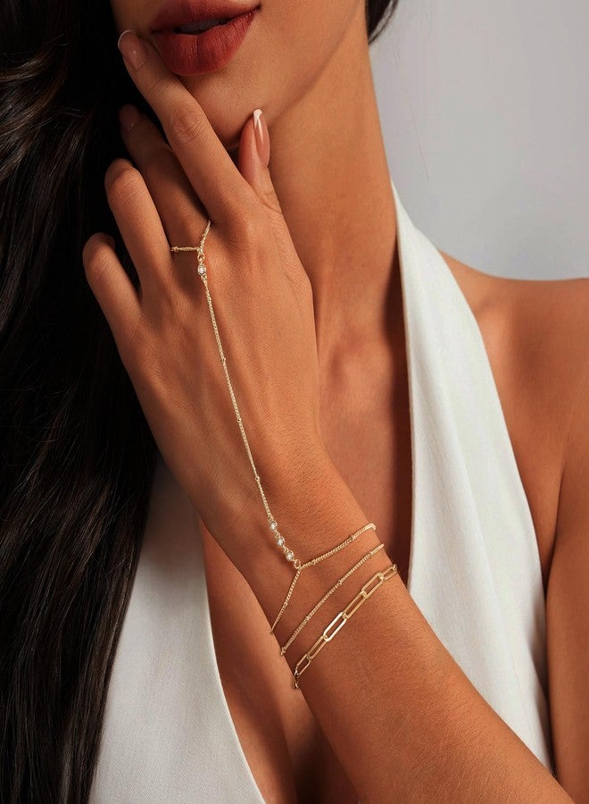 My Queen Gold Bracelets for Women 14K Gold Plated Dainty Stackable Hand Chain Bracelet Trendy Ring Chain Bangle Cuff Bracelets Adjustable Body Jewelry Set Gifts, Small, Brass, Cubic Zirconia - Image 4