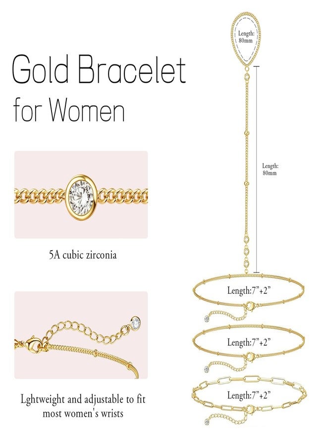 My Queen Gold Bracelets for Women 14K Gold Plated Dainty Stackable Hand Chain Bracelet Trendy Ring Chain Bangle Cuff Bracelets Adjustable Body Jewelry Set Gifts, Small, Brass, Cubic Zirconia - Image 5