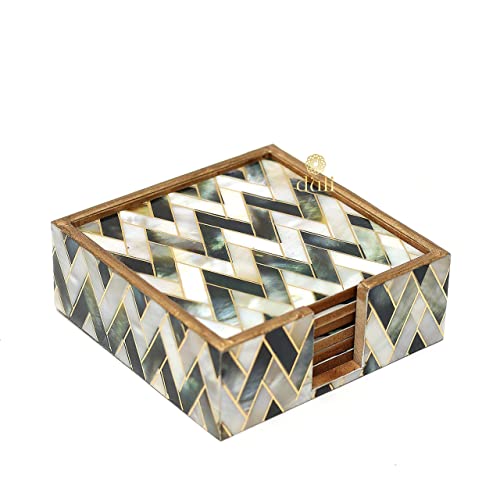 DULI Set of 6 MDF Wood Tea Coasters with Stand (10 * 10 cm) (MOPZigzag) - Image 1