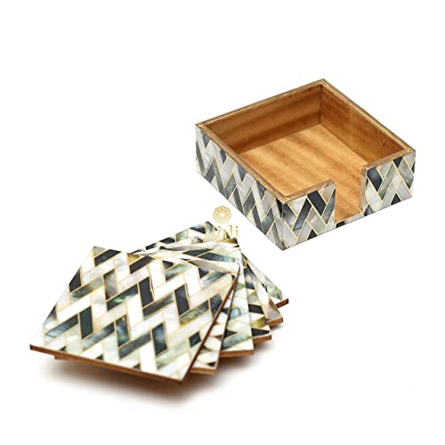 DULI Set of 6 MDF Wood Tea Coasters with Stand (10 * 10 cm) (MOPZigzag) - Image 4