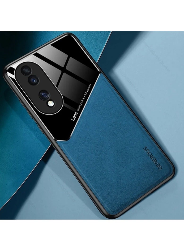 حافظة متوافقة مع هاتف Honor 90، حافظة جلدية وزجاجية فاخرة مع حامل مغناطيسي للسيارة، غطاء هاتف بإطار ناعم من السيليكون (أزرق) - Image 1