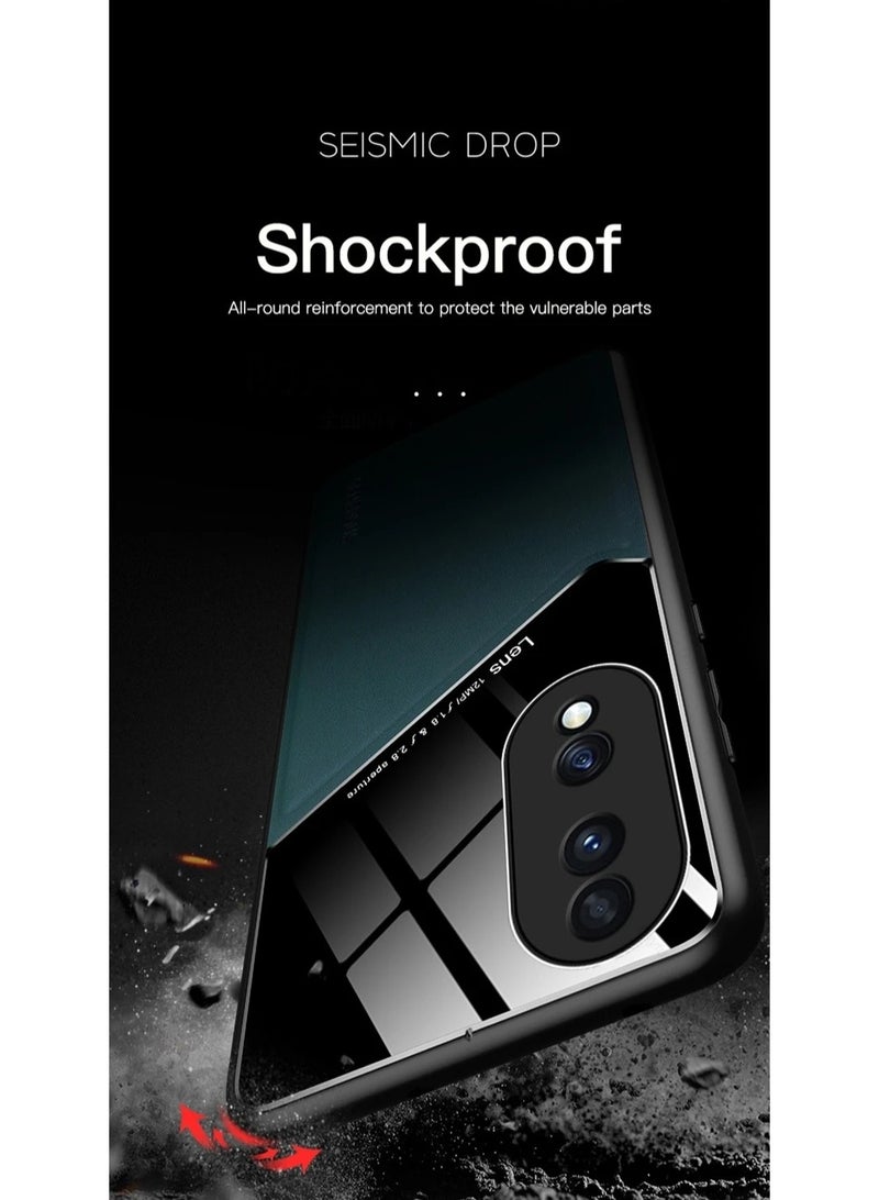 حافظة متوافقة مع هاتف Honor 90، حافظة جلدية وزجاجية فاخرة مع حامل مغناطيسي للسيارة، غطاء هاتف بإطار ناعم من السيليكون (أزرق) - Image 2