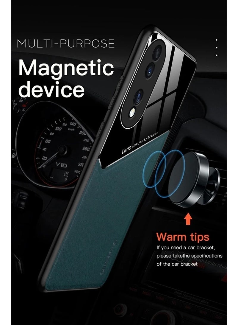 حافظة متوافقة مع هاتف Honor 90، حافظة جلدية وزجاجية فاخرة مع حامل مغناطيسي للسيارة، غطاء هاتف بإطار ناعم من السيليكون (أزرق) - Image 3