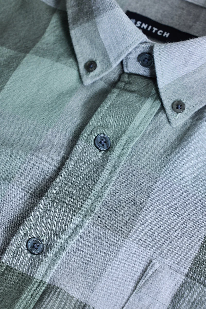 سنيتش Muted Sage Green Checkered Long Sleeve Slim Fit Casual Shirt