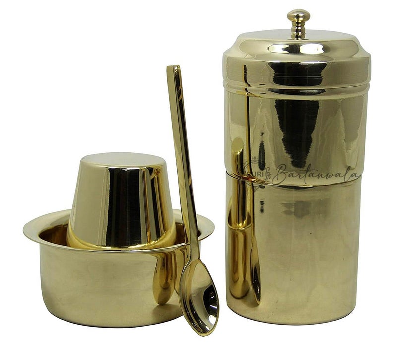 PURI BrassPital South Indian Coffee Filter with DABARA Set and 1 Small Spoon Glossy Finish 250 ML - Image 2