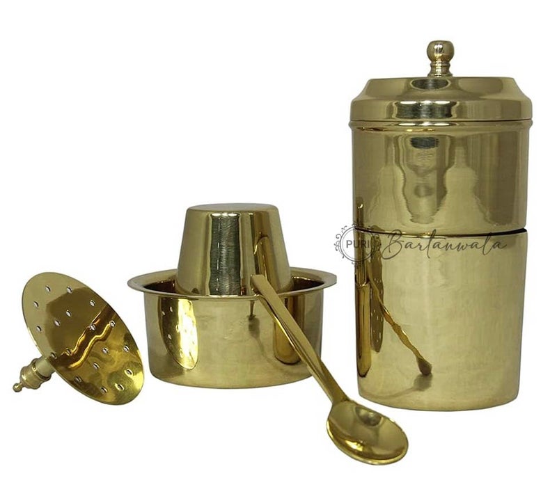 PURI BrassPital South Indian Coffee Filter with DABARA Set and 1 Small Spoon Glossy Finish 250 ML - Image 4