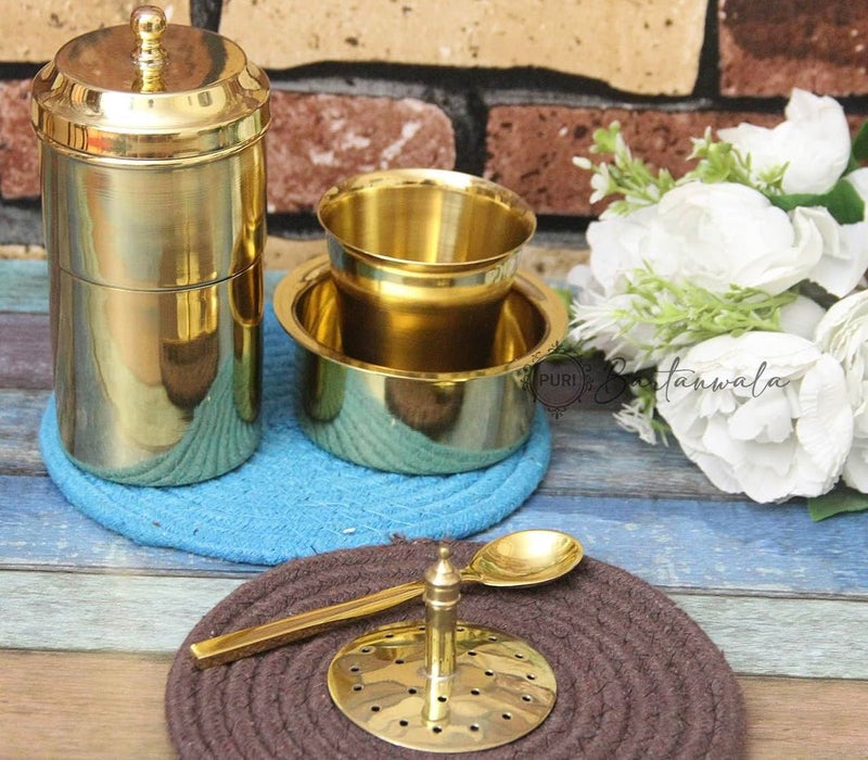 PURI BrassPital South Indian Coffee Filter with DABARA Set and 1 Small Spoon Glossy Finish 250 ML - Image 3