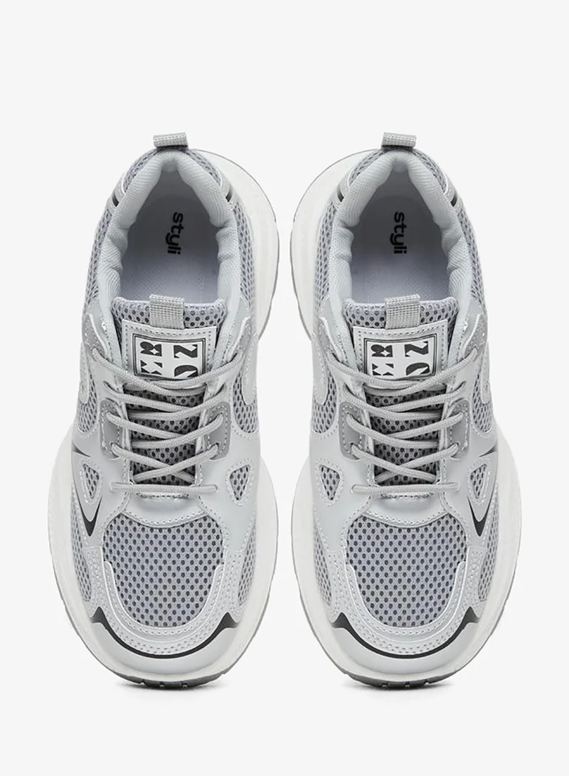 Styli Active Round Toe Lace-Up Chunky Sneakers with Back Pull Tab