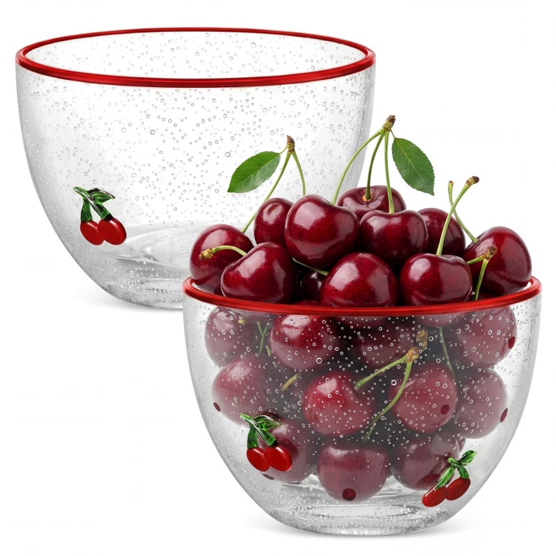 بوتشن طقم أوعية تقديم حلوى الكرز من بوتشن، قطعتان، سعة 14 أونصة، مصنوعة من الزجاج الشفاف، بتصميم فاكهة لطيف، هدايا مثالية لحفلات المطبخ الصيفية وتزيين الطاولة - Image 1