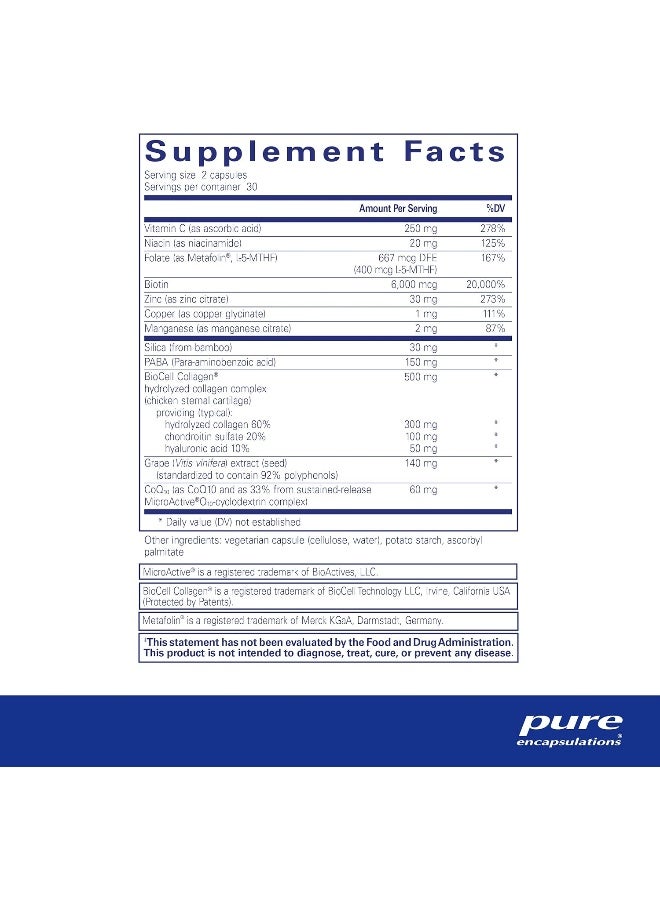 Pure Encapsulations - Hair/Skin/Nails Ultra - Hypoallergenic Supplement Supports Skin Elasticity, Hydration, Hair, and Nails* - 60 Capsules - Image 2