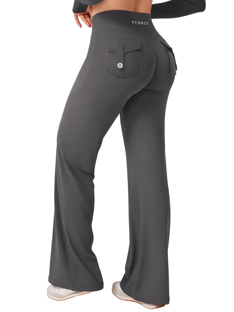 YEOREO Straight Leg Leggings with Pockets Cargo Workout Leggings for Women No Front Seam Hidden Scrunch High Waist Yoga Pants Dark Gray-L - Image 1